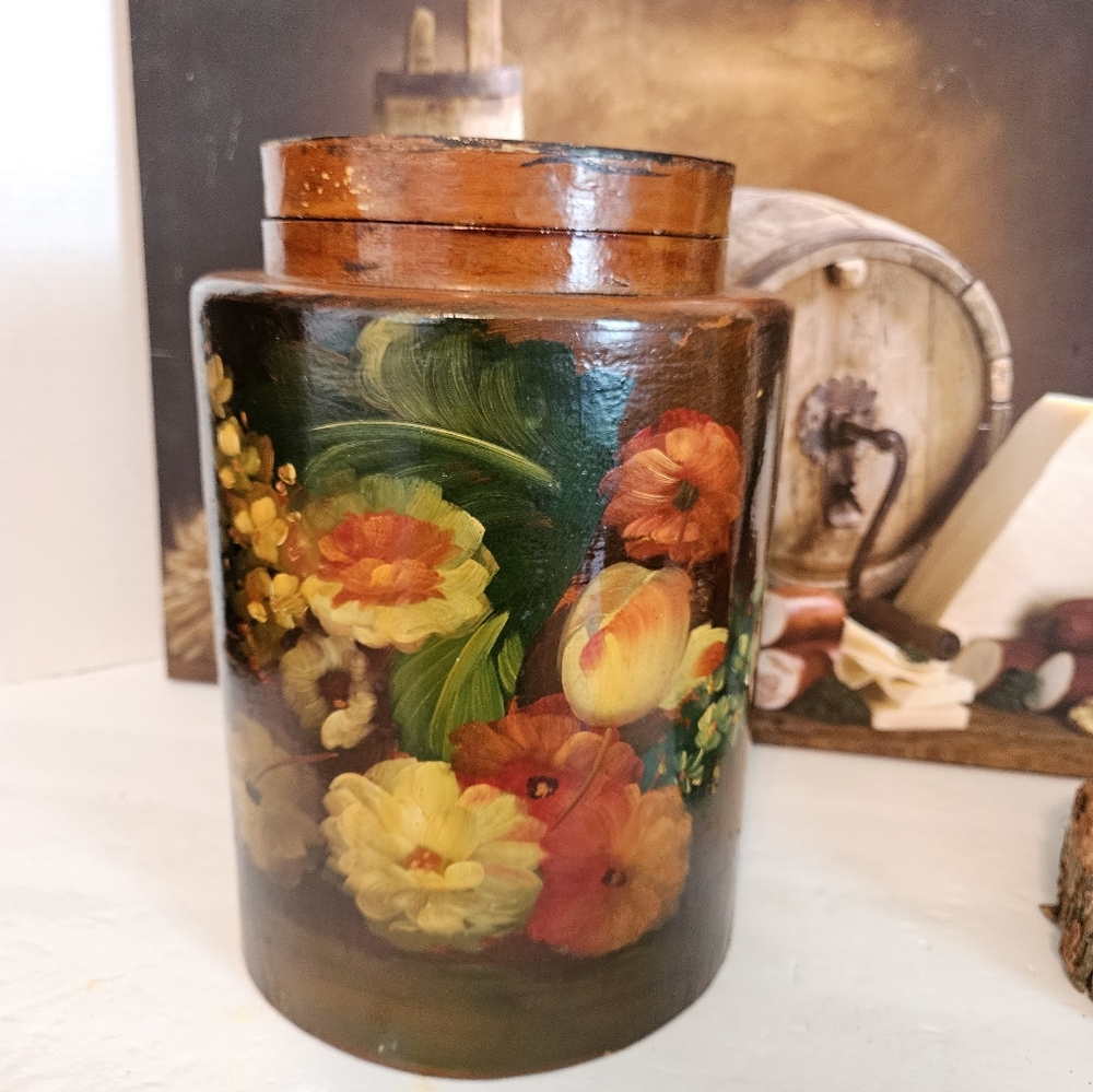 Mid Century English Arts & Craft Hand Painted Tole Fruit Wood Canister w…